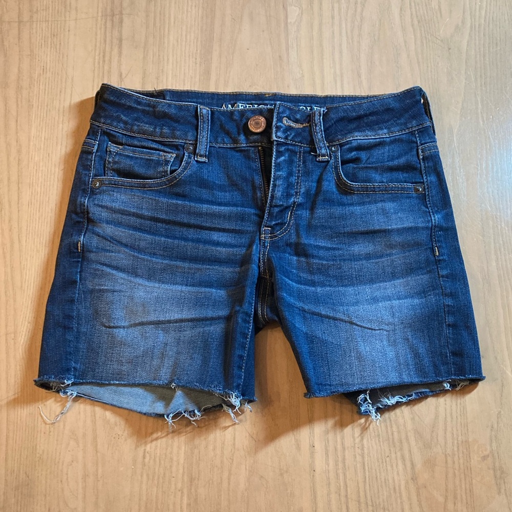 American Eagle Dark Wash Mid Length Cut Off Jean Shorts